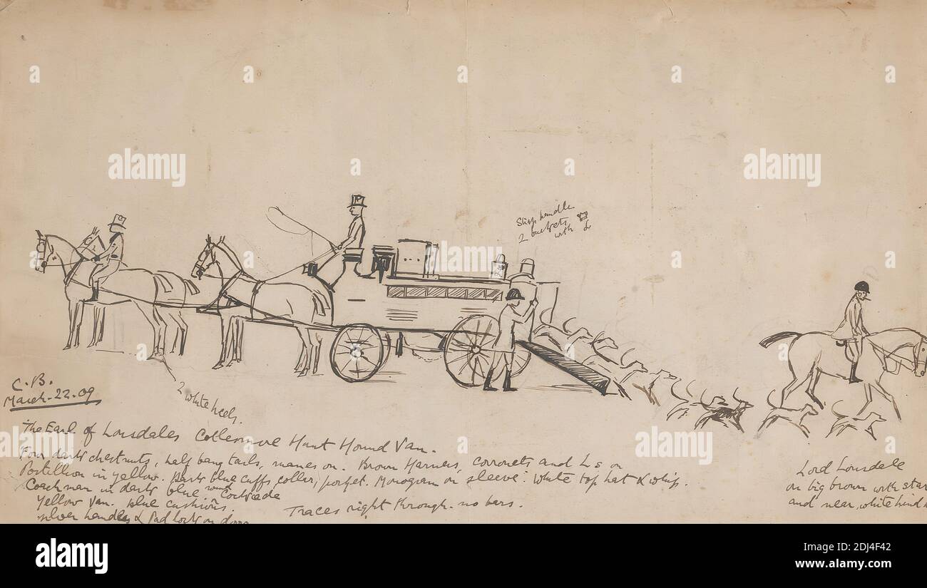 Le comte de Lonsdale's Hound Van arrivant à une rencontre de la chasse de Cottesmore, le 22 mars 1809, artiste inconnu, ('C. B.') dix-neuvième siècle, 1809, encre stylo et noire sur papier crème, moyen, légèrement texturé, feuille: 7 1/8 x 12 5/8in. (18.1 x 32,1 cm) et cadre: 13 3/16 × 18 11/16 × 1/4 pouces (33.5 × 47.5 × 0.7 cm), art des animaux, calèche, comte, cheval (animal), chasse, art sportif, wagon, Angleterre, Europe, Leicestershire, Oakham, Royaume-Uni Banque D'Images