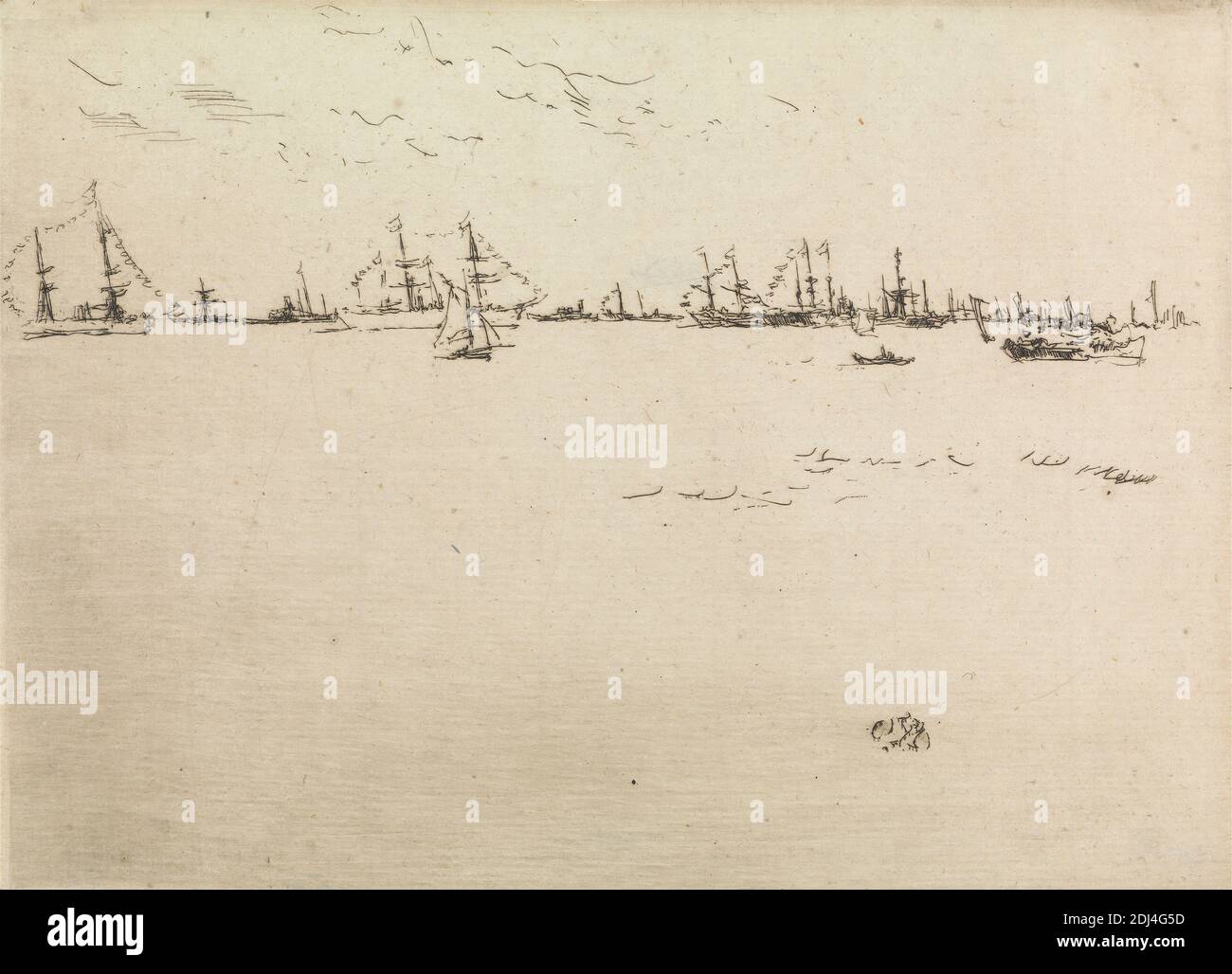 Troupe Ships, imprimé par James McNeill Whistler, 1834–1903, américain, actif en Grande-Bretagne (à partir de 1859), 1887, Etching sur papier blanc à poser, moyennement texturé, greened, feuille: 5 1/8 x 6 7/8 pouces (13 x 17.4 cm) et image: 4 15/16 x 6 7/8 pouces (12.6 x 17.4 cm), bateaux, bunking, drapeaux, examen de flotte, flottille, jubilé, art marin, mâts, marine, voile, mer, navires, troupes, Angleterre, Europe, Royaume-Uni Banque D'Images