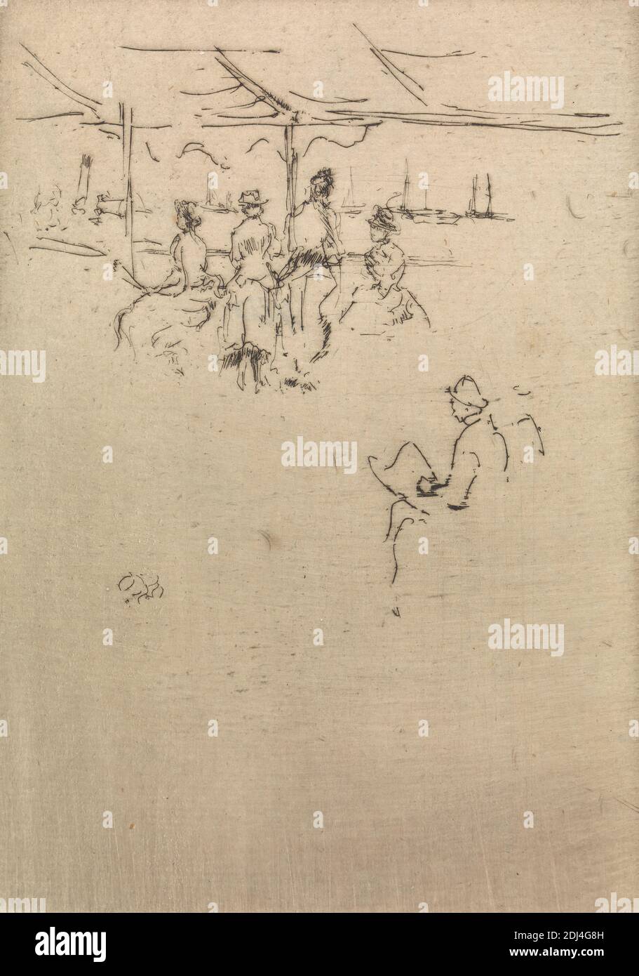 Ryde Pier, imprimé par James McNeill Whistler, 1834–1903, américain, actif en Grande-Bretagne (à partir de 1859), 1887, Etching sur du papier couché moyen, légèrement texturé, crème antique, feuille: 5 5/16 x 3 11/16 pouces (13.5 x 9.4 cm) et image: 5 3/16 x 3 11/16 pouces (13.2 x 9.4 cm), bateaux, robes, ventilateur, examen de flotte, flottille, genre sujet, chapeaux, jubilé, homme, art marin, marine, chevrons, mer, femmes, Angleterre, île de Wight, Ryde, Ryde Pier, Royaume-Uni Banque D'Images