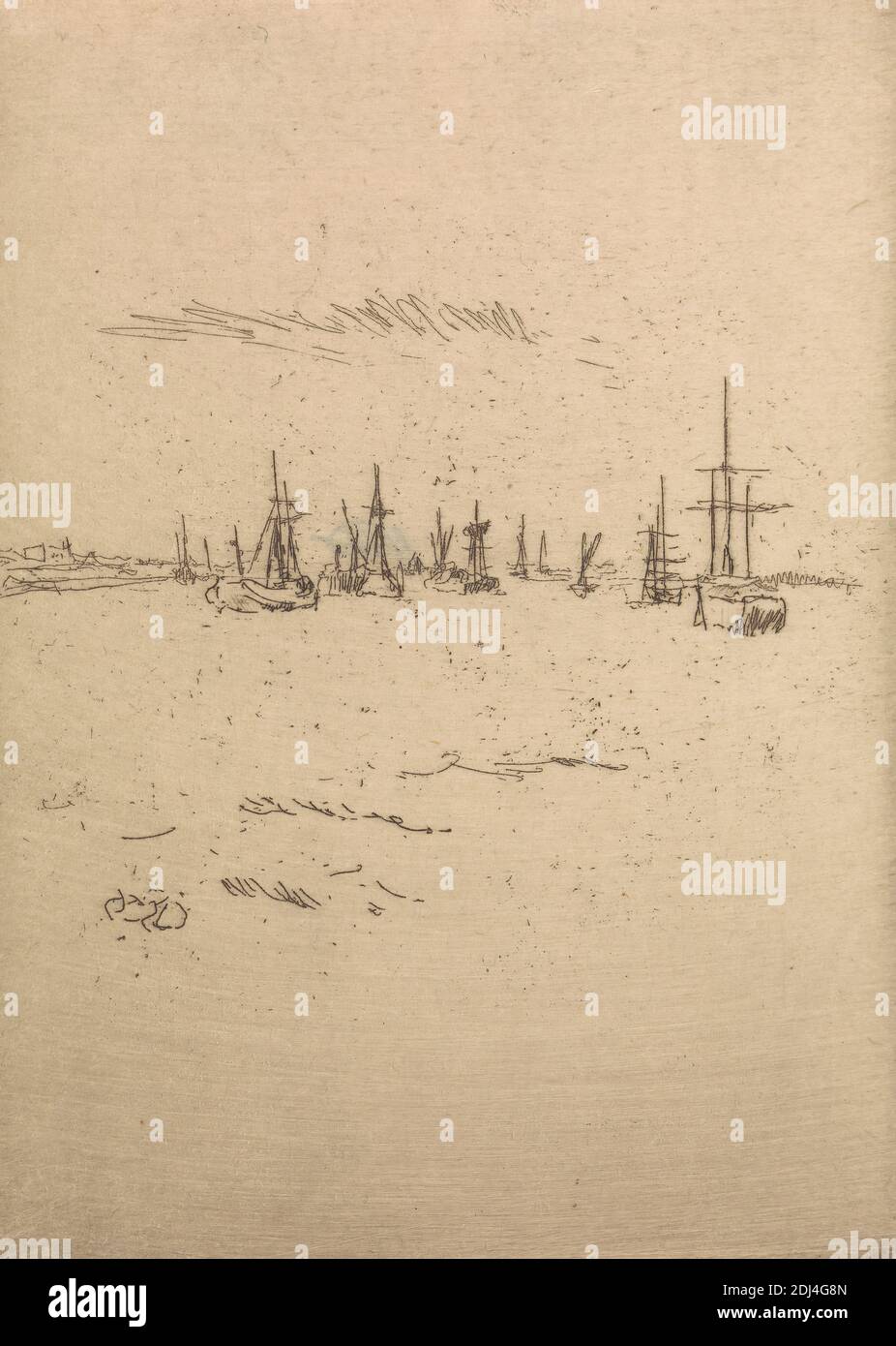 Retour à Tilbury, imprimé par James McNeill Whistler, 1834–1903, américain, actif en Grande-Bretagne (à partir de 1859), 1887, Etching sur papier couché antique, fin, légèrement texturé, crème, feuille: 5 3/16 x 3 3/4 pouces (13.1 x 9.6 cm) et image: 5 3/16 x 3 3/4 pouces (13.1 x 9.6 cm), bateaux, examen de flotte, flottille, jubilé, art marin, mâts, marine, mer, navires, Angleterre, Essex, Europe, Tilbury, Royaume-Uni Banque D'Images