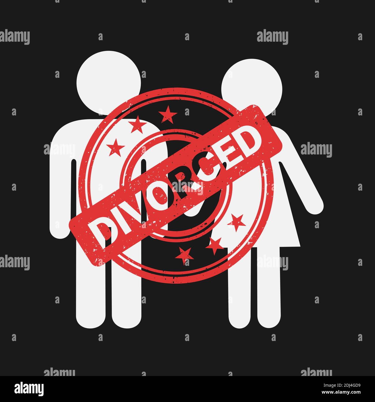 Le couple est officiellement divorcé. Fin et fin du mariage entre l'homme et la femme, la femme et le mari. Illustration vectorielle Banque D'Images