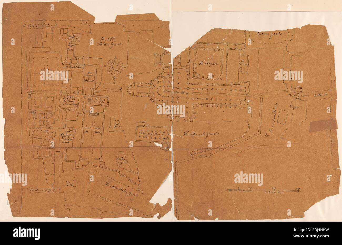 Plan de Westminster montrant la route du Couronnement de George II, artiste inconnu, dix-huitième siècle, ca. 1727, Graphite, stylo et encre noire sur papier vélin lisse, fin, brun avec un repère de pliage échelle de barre de 1/8 pouces à 10 pieds, environ, feuille: 11 13/16 x 18 5/16pouces. (30 x 46,5 cm), thème architectural, urbanisme, couronnement, plan (concept formel), Cité de Westminster, Angleterre, Londres, Palais de Westminster, Royaume-Uni, Abbaye de Westminster Banque D'Images
