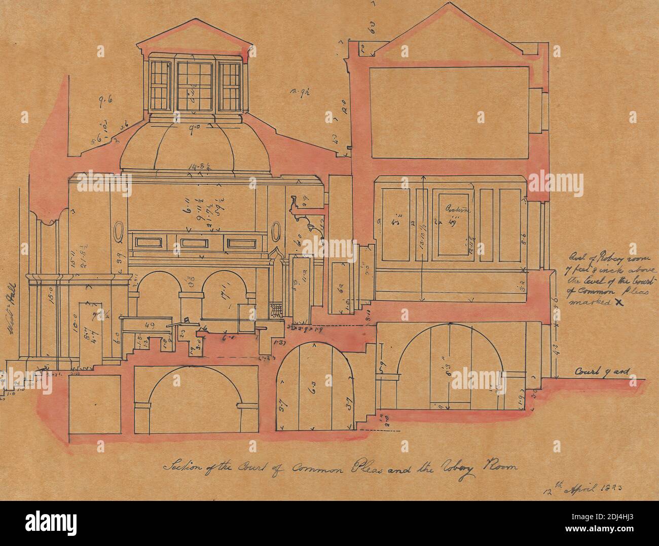 Section de la Cour des recours communs et de la salle Robery, Studio de Sir John Soane, 1753–1837, British, 1823, stylo et encre noire et aquarelle sur papier lisse mince de vélin brun, feuille : 8 1/4 × 10 3/4 pouces (21 × 27.3 cm), sujet architectural, Cité de Westminster, Angleterre, Londres, Palais de Westminster, Royaume-Uni Banque D'Images