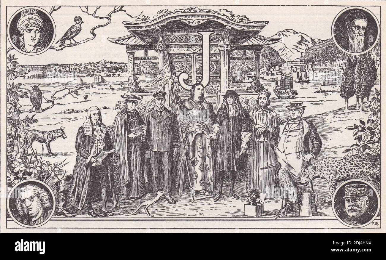 Illustrations vintage de la lettre 'J' - dixième lettre des alphabets anglais et latin 1900. Les personnes, les animaux et les objets commençant par 'J'. Banque D'Images