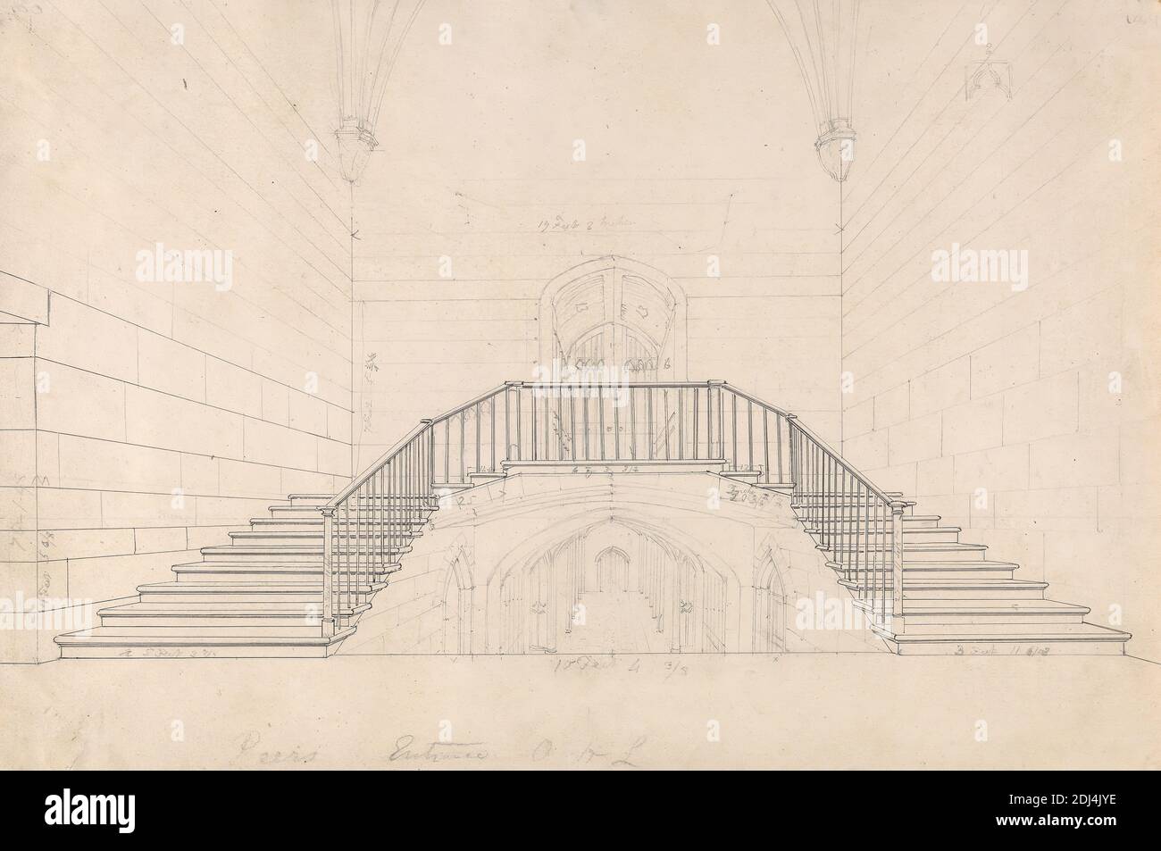 Peers' Entrance, artiste inconnu, XIXe siècle, non daté, Graphite et stylo et encre noire sur papier vélin blanc modérément épais, légèrement texturé, feuille: 8 3/8 × 13 pouces (21.3 × 33 cm), sujet architectural, vue intérieure, Cité de Westminster, Angleterre, Londres, Palais de Westminster, Royaume-Uni Banque D'Images