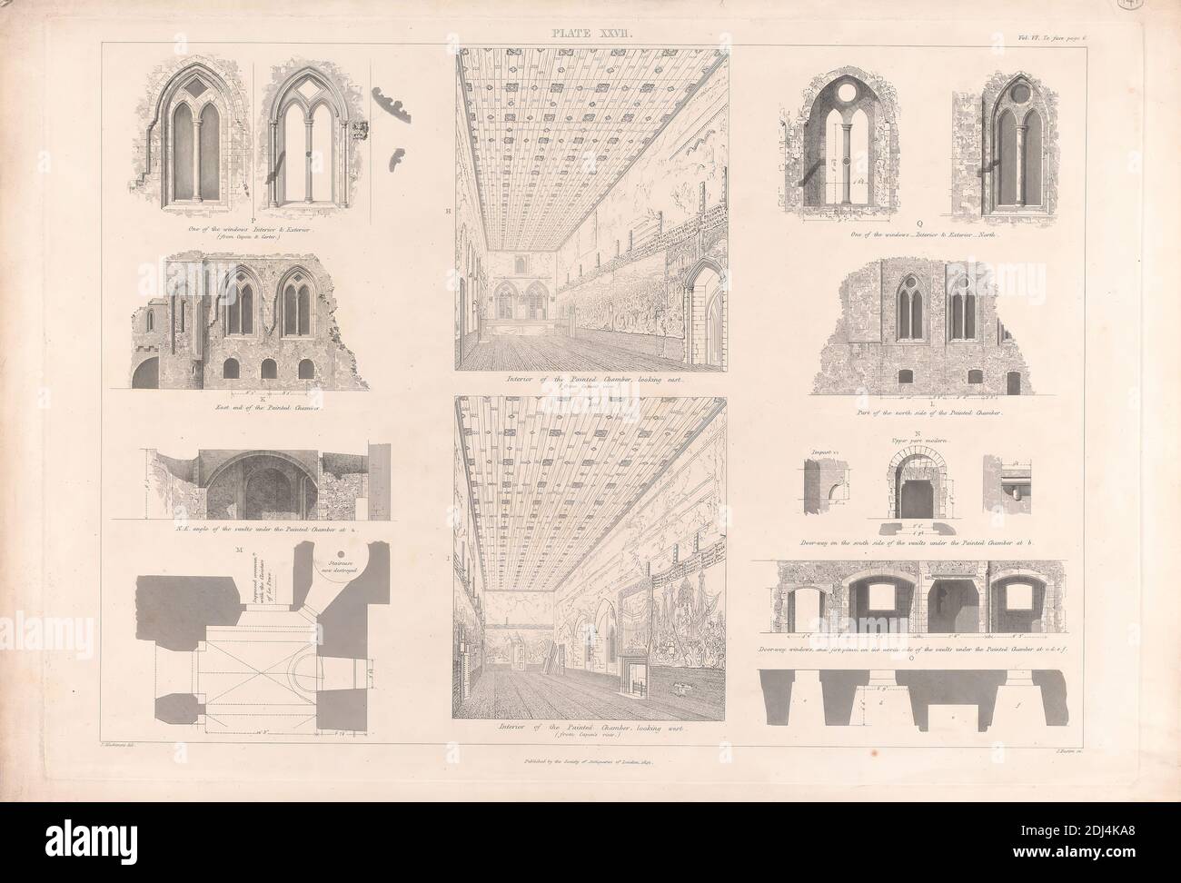 6, plaque XXVII: The Painted Chamber, imprimé par James Basire, 1769–1822, British, After Frederick Mackenzie, 1788–1854, British, 1842, gravure en ligne sur papier vélin blanc, lisse et moyennement épais, feuille: 15 1/8 × 21 7/8 pouces (38.4 × 55.6 cm), plaque: 14 × 20 pouces (35.6 × 50.8 cm), et image: 12 3/4 × 17 15/16 pouces (32.4 × 45.6 cm), sujet architectural, Cité de Westminster, Angleterre, Londres, Palais de Westminster, Royaume-Uni Banque D'Images
