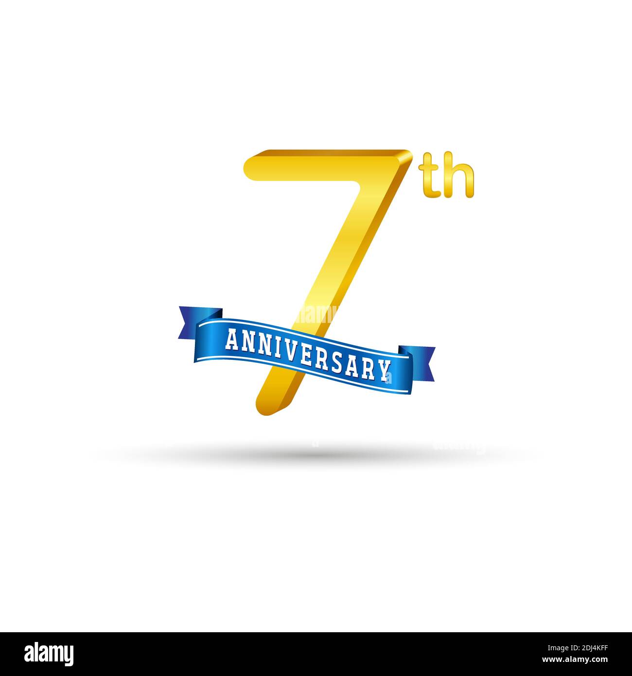Logo du 7e anniversaire d'or avec ruban bleu isolé sur fond blanc. logo 3d Gold Anniversary Illustration de Vecteur
