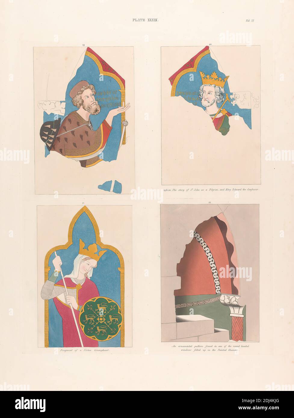 6, plaque XXXIX: L'histoire de St John comme pèlerin, et le roi Edward le confesseur. Fragment d'une vertu triomphant. Un motif ornemental trouvé dans l'une des fenêtres à tête ronde rempli dans la chambre peinte, imprimé par artiste inconnu, artiste inconnu, non daté, gravure de couleur main sur papier blanc lisse, modérément texturé, feuille: 21 3/4 × 15 pouces (55.2 × 38.1 cm) et plaque: 15 1/2 × 12 1/2 pouces (39.4 × 31.8 cm), sujet architectural, sujet historique, Cité de Westminster, Angleterre, Londres, Palais de Westminster, Royaume-Uni Banque D'Images