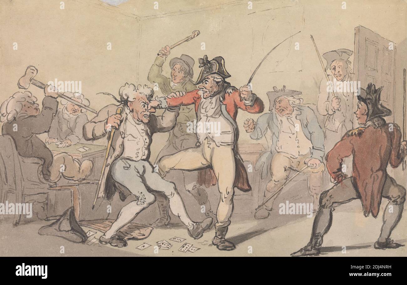 A Black Leg Detected sécréting Cards, Thomas Rowlandson, 1756–1827, britannique, non daté, aquarelle, avec stylo et encre grise sur papier vélin moyen, lisse, crème, feuille : 5 x 7 13/16 pouces (12.7 x 19.8 cm), cartes, chaise, béquille, porte, combat, genre sujet, chapeaux, hommes, poinçonnage, équitation cultures, pièce, art sportif, table, bâtons de marche, armes, poing Banque D'Images