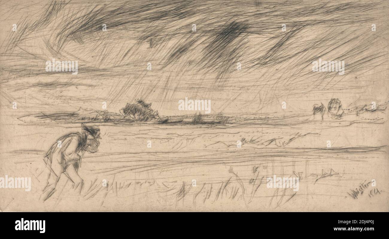 The Storm, James McNeill Whistler, 1834–1903, américain, actif en Grande-Bretagne (à partir de 1859), 1861, décapage et point sec sur papier fin, lisse, crème, feuille: 10 1/2 x 15 5/8 pouces (26.7 x 39.7 cm), plaque: 6 1/8 x 11 1/4 pouces (15.6 x 28.6 cm), et image: 6 1/8 x 11 1/4 pouces (15.6 x 28.6 cm), accroupi, champ, herbe, chapeau, veste, paysage, homme, météorologie, pluie, foulard, science, tempête, arbres, pantalons Banque D'Images