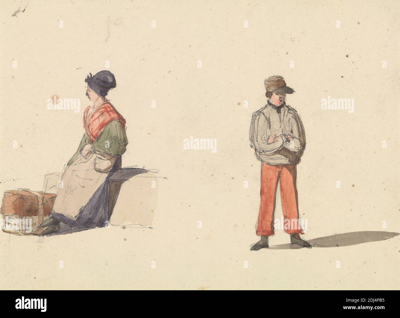 Croquis de la vie à Paris : Femme assise et homme debout, Ambrose Poynter, 1796–1886, Britannique, ca. 1835, Aquarelle sur graphite sur papier vélin moyen, légèrement texturé, feuille: 3 7/8 × 5 1/4 pouces (9.8 × 13.3 cm), tablier, faisceaux, chapeau (coiffeur), robe, genre sujet, homme, paysans, assis, debout, femme, Europe, France, Paris, Île-de-France Banque D'Images