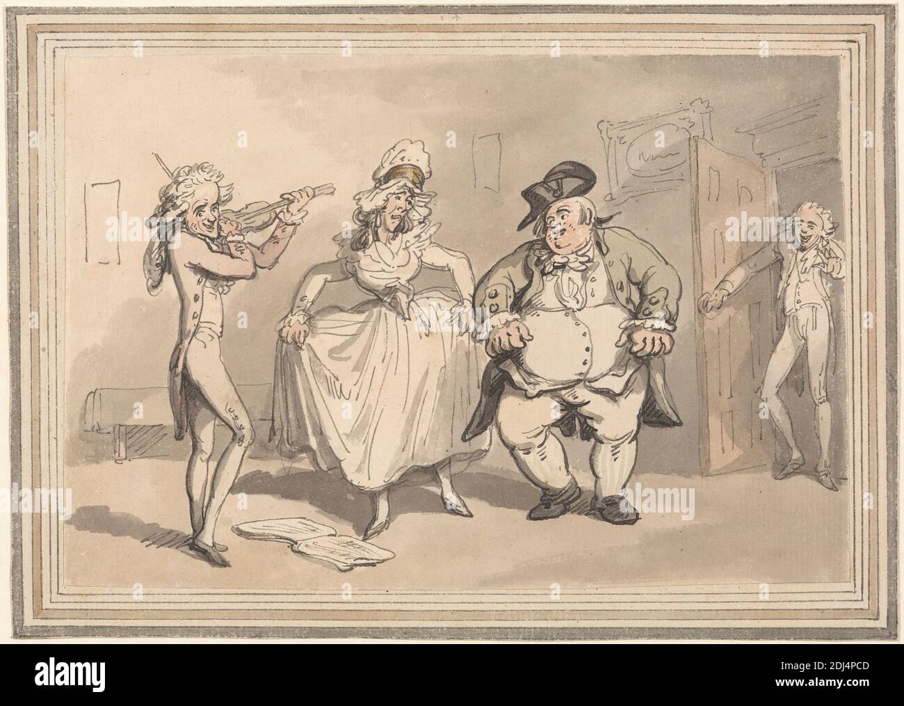 Confort du bain : pratique privée Précédent au bal, Thomas Rowlandson, 1756–1827, British, 1798, aquarelle avec stylo et encre noire sur papier crème moyen, légèrement texturé, support : 5 15/16 x 8 1/4 pouces (15.1 x 21 cm) et feuille : 4 15/16 x 7 5/16 pouces (12.5 x 18.6 cm), danse, porte, genre sujet, chapeaux, homme, musicien, obèse, observateurs, partitions, violon, femme, Bath, Bath et Somerset du Nord-est, Angleterre, Europe, Somerset, Royaume-Uni Banque D'Images