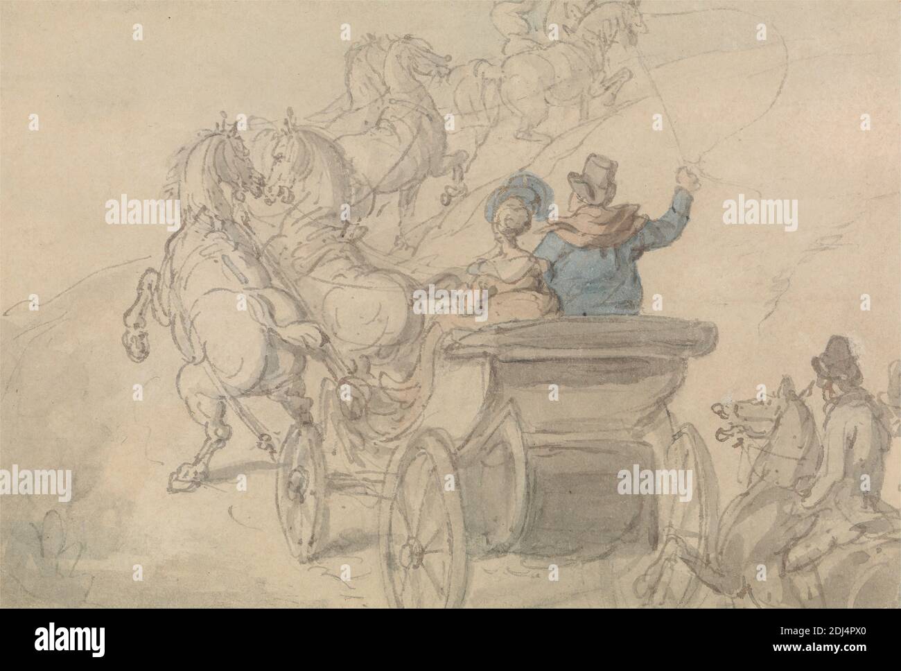 A Phaeton et six, Thomas Rowlandson, 1756–1827, britannique, non daté, aquarelle avec stylo et encre grise et brune sur graphite sur papier vélin moyen, légèrement texturé, feuille: 5 1/8 x 7 9/16 pouces (13 x 19.2 cm), voitures, genre sujet, équitation, chevaux (animaux), hommes, récolte d'équitation, roues, femme Banque D'Images