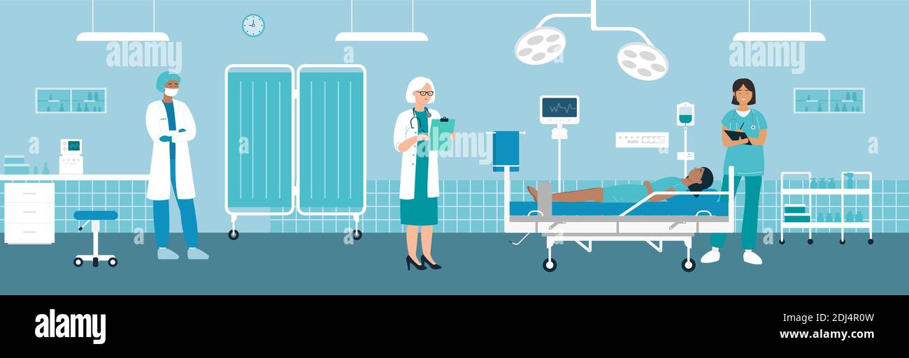 Chirurgie opérant dans l'illustration vectorielle de l'hôpital. Caricature équipe de travailleurs médicaux debout près du personnage hospitalisé couché dans le lit dans la salle de chirurgie moderne intérieur, le médecin a passé un examen de fond Illustration de Vecteur