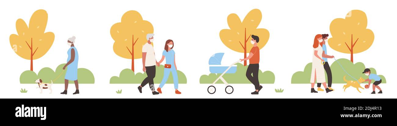Les gens marchent dans le parc de la ville ensemble d'illustrations vectorielles. Caricature active des personnages de famille marchant ensemble, jouant avec un chien animal de compagnie, portant le visage masque médical de protection, activité de week-end isolé sur blanc Illustration de Vecteur Les gens marchent dans le parc de la ville ensemble d'illustrations vectorielles. Caricature active des personnages de famille marchant ensemble, jouant avec un chien animal de compagnie, portant le visage masque médical de protection, activité de week-end isolé sur blanc Illustration de Vecteur