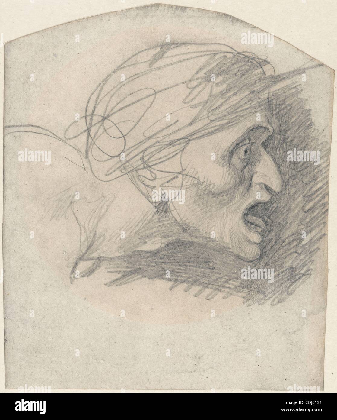 Profil d'une tête grotesque face à droite, George Romney, 1734–1802, britannique, non daté, Graphite sur papier vélin moyen, légèrement texturé, feuille: 6 5/8 × 5 3/8 pouces (16.8 × 13.7 cm), étude de figure, tête, profil, droite Banque D'Images