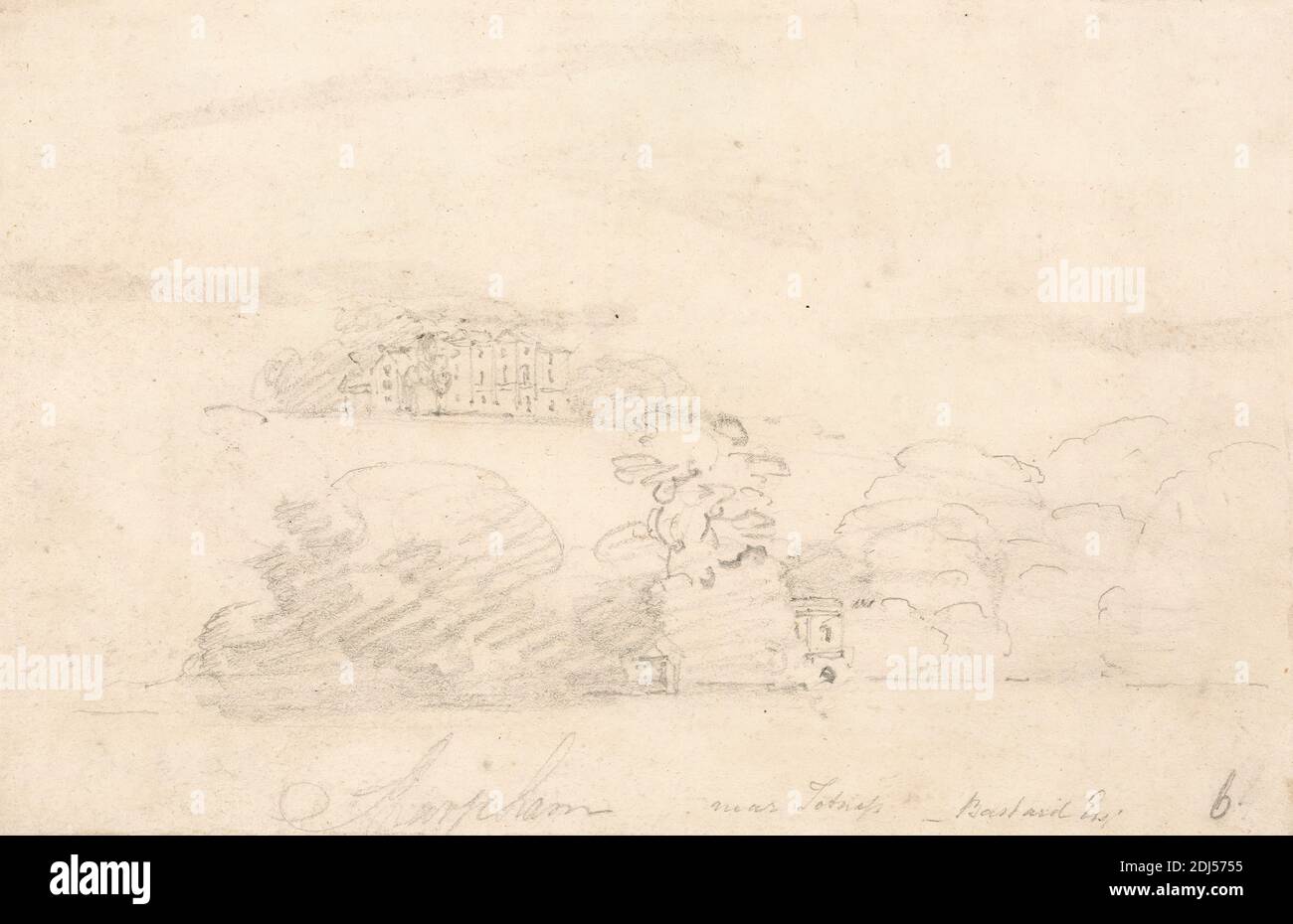 Sharpham, près de Totnes, Devon, Thomas Girtin, 1775–1802, British, env. 1797, Graphite sur papier vélin moyen, légèrement texturé, feuille: 5 1/8 x 7 3/4 pouces (13 x 19.7 cm), sujet architectural, bâtiment, paysage, arbres, Devon, Angleterre, Europe, Sharpsham Estate, vignoble Sharpsham, Totnes, Royaume-Uni Banque D'Images