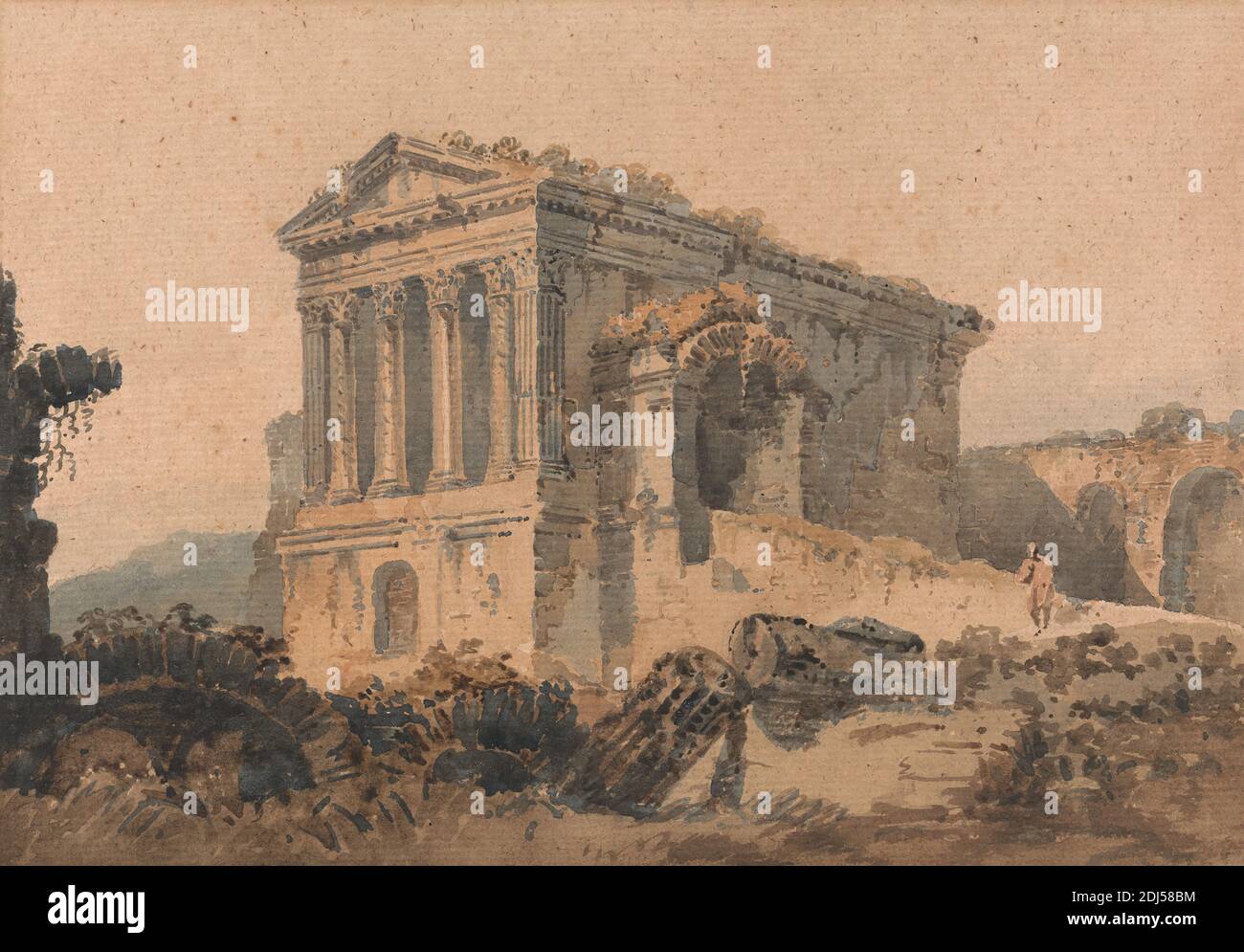 Tempio di Clitumno, Rome, d'après Piranesi, artiste inconnu, d'après Thomas Girtin, 1775–1802, britannique, d'après Giovanni Piranesi, 1720–1778, italien, non daté, aquarelle et graphite sur papier moyennement texturé, beige, feuille : 8 7/16 x 12 1/8 pouces (21.4 x 30.8 cm), sujet architectural, figure, inscriptions, paysage, ruines, temple, arbres, Campello sul Clitunno, Europe, Italie, Pérouse, Tempio di Clitumno, Tempio di Clitunno, Ombrie Banque D'Images