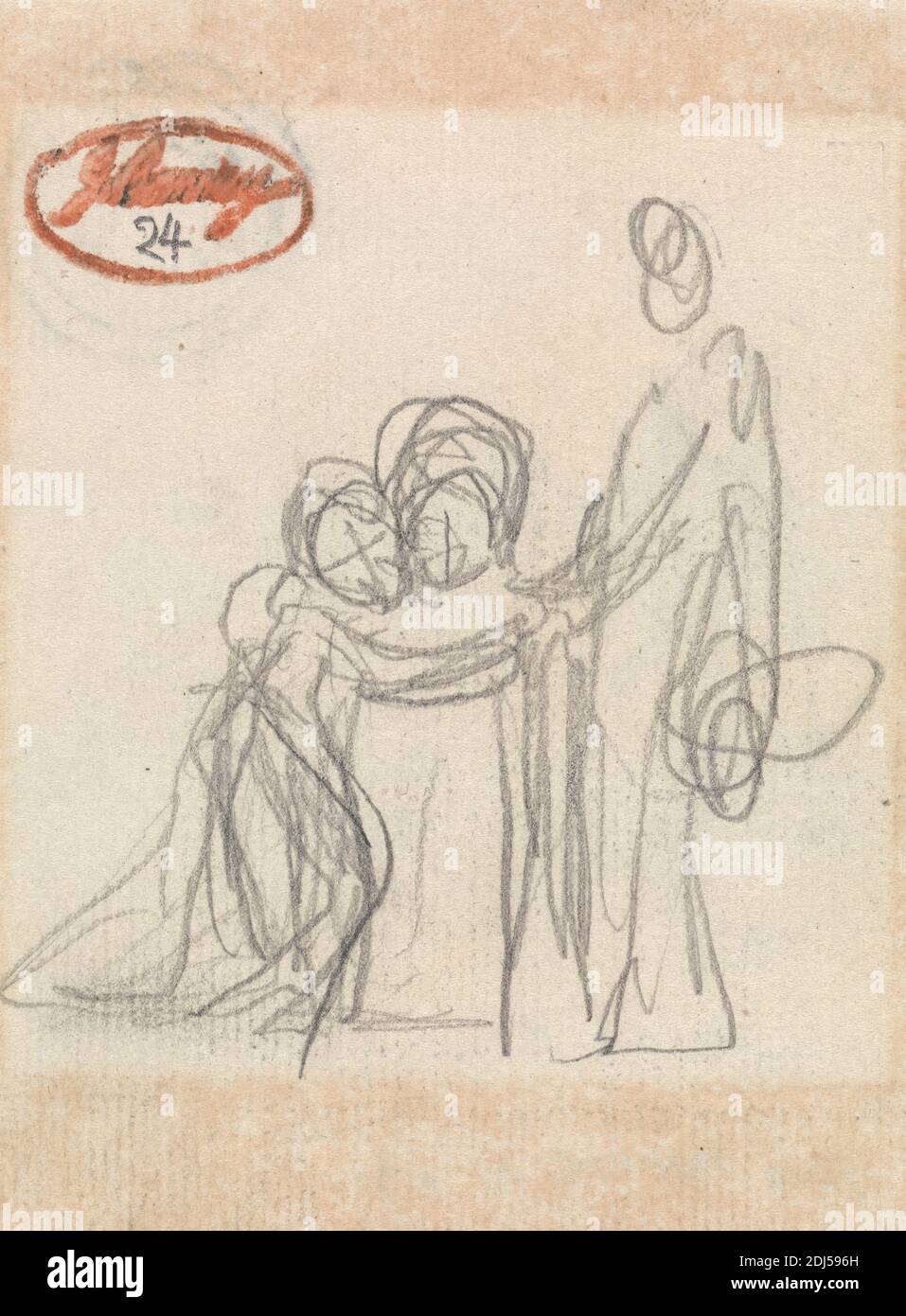 Figure debout avec deux enfants, George Romney, 1734–1802, britannique, non daté, Graphite sur papier crème, légèrement texturé, feuille: 4 1/2 x 3 1/4 pouces (11.4 x 8.3 cm), enfants, figure, étude de figure Banque D'Images