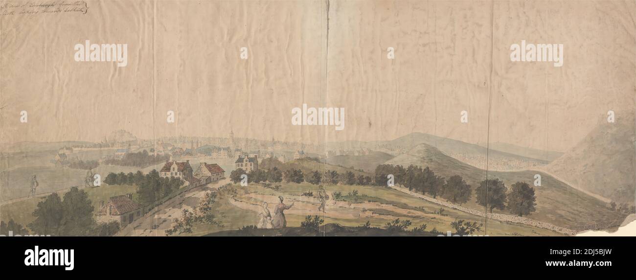 Vue d'Édimbourg du Sud en regardant vers Dalkeith, Samuel Scott, 1701/2–1772, britannique, non daté, aquarelle, graphite et stylo et encre noire sur papier moyen, légèrement texturé, crème avec bordure fine, légèrement texturée, bleue posée sur papier à feuilles moyennes, légèrement texturées, beige, support : 15 1/4 x 38 1/4 pouces (38.7 x 97.2 cm) et feuille: 14 1/2 x 36 3/4 pouces (36.8 x 93.3 cm), bâtiments, paysage urbain, collines, maisons, paysage, route, arbres, murs, femmes, Dalkeith, Édimbourg, Écosse, Royaume-Uni Banque D'Images