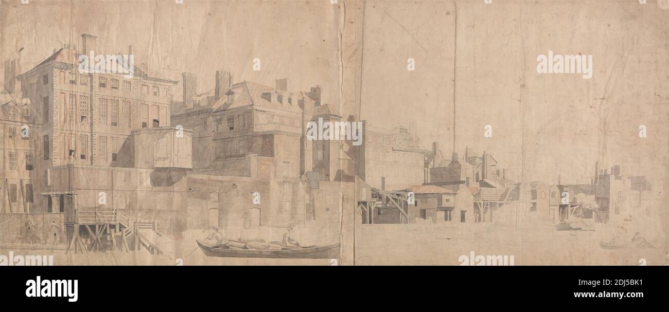 A Town House on the Thames, Samuel Scott, 1701/2–1772, britannique, non daté, aquarelle et graphite sur papier de couleur moyenne, légèrement texturé, beige, avec bordure fine, légèrement texturée, bleue, fixée sur du linge de maison modérément épais, modérément texturé, papier vélin crème, feuille : 16 x 40 1/8 pouces (40.6 x 101.9 cm) et montage : 19 x 42 7/8 pouces (48.3 x 108.9 cm), sujet architectural, architecture, bateaux, bâtiments, paysage urbain, figures, maisons, hommes, rivière, maison de ville, Angleterre, Tamise, Royaume-Uni Banque D'Images