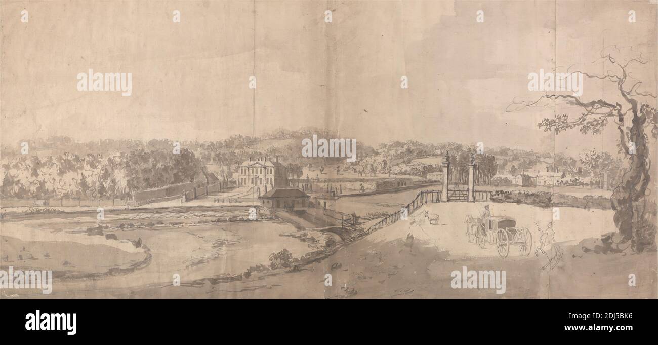 Vue sur le domaine à Esholt Hall, Yorkshire, Samuel Scott, 1701/2–1772, British, non daté, Grey wash and graphite on Medium, légèrement texturé, crème parée de papier fin, modérément texturé, bleu parée bordure, monté sur modérément épais, modérément texturé, crème wove papier, feuille: 15 3/4 x 33 5/8 pouces (40 x 85.4 cm) et montage : 19 x 36 3/4 pouces (48.3 x 93.3 cm), bâtiments, maison de campagne, hall, collines, maisons, chevaux (animaux), paysage, diligence, arbres, vue, Angleterre, Eshott Hall, Felton, Northumberland, Royaume-Uni Banque D'Images