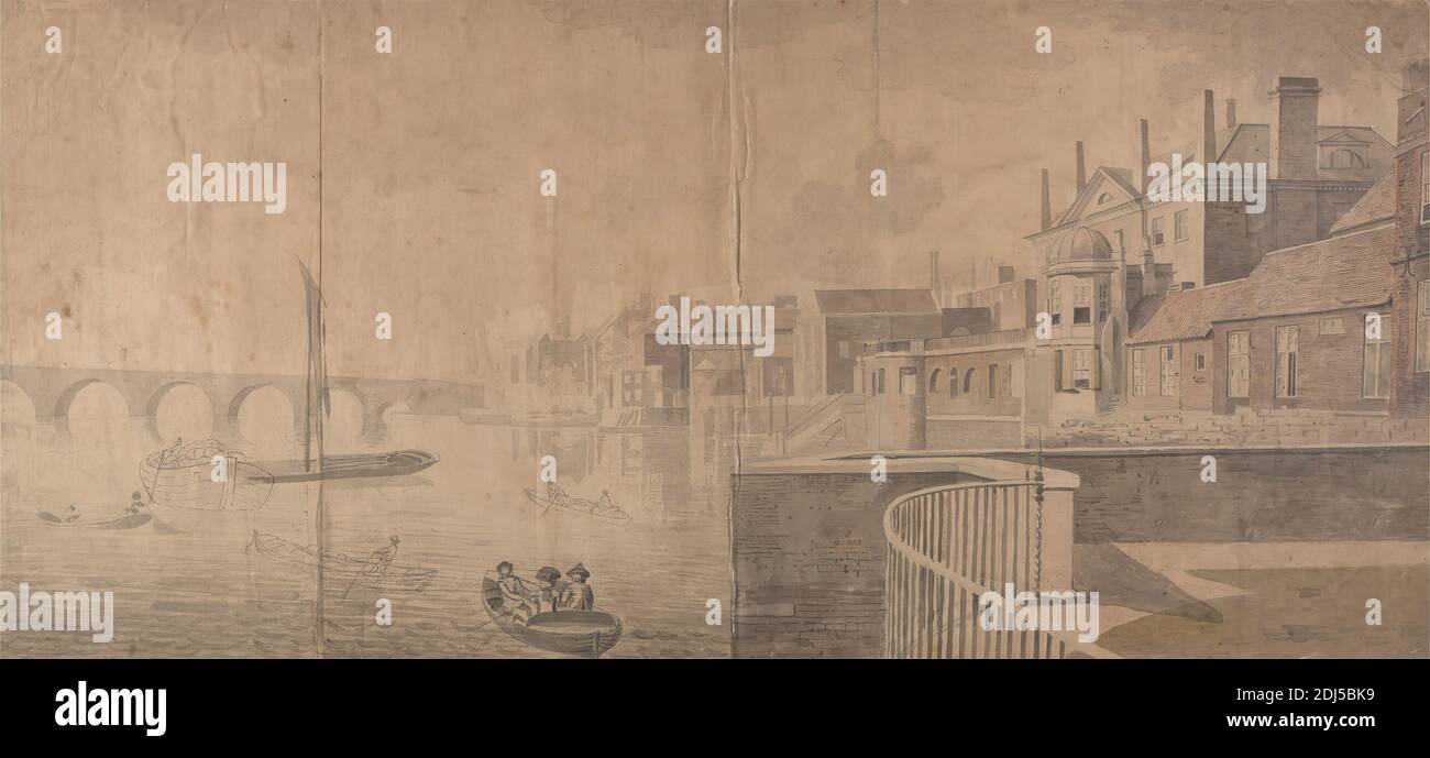 La Tamise avec Montagu House et Westminster Bridge, Samuel Scott, 1701/2–1772, britannique, non daté, aquarelle, graphite, stylo et encre noire et gouache sur papier moyen, légèrement texturé, beige avec bordure moyenne, légèrement texturée, en papier vélin crème, montée sur lin, dos moyen, légèrement texturé, bleu, feuille: 17 1/4 x 36 pouces (43.8 x 91.4 cm) et montage : 19 3/4 x 38 3/4 pouces (50.2 x 98.4 cm), sujet architectural, bateaux, pont (travaux de construction), bâtiments, paysage urbain, clôture, maisons, hommes, rivière, Angleterre, Londres, Thames, Royaume-Uni, Westminster, pont de Westminster Banque D'Images