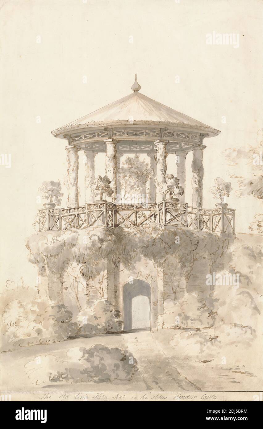 Design pour le siège Old Lime Kiln Seat, Home Park, Windsor, Sir Jeffry Wyatville, 1766–1840, British, non daté, encre stylo et marron et lavage gris sur papier vélin légèrement texturé, moyen, blanc, feuille : 11 7/16 × 7 1/2 pouces (29.1 × 19.1 cm), sujet architectural, belvédère, temple, Berkshire, Angleterre, Royaume-Uni, Windsor, Windsor Great Park Banque D'Images