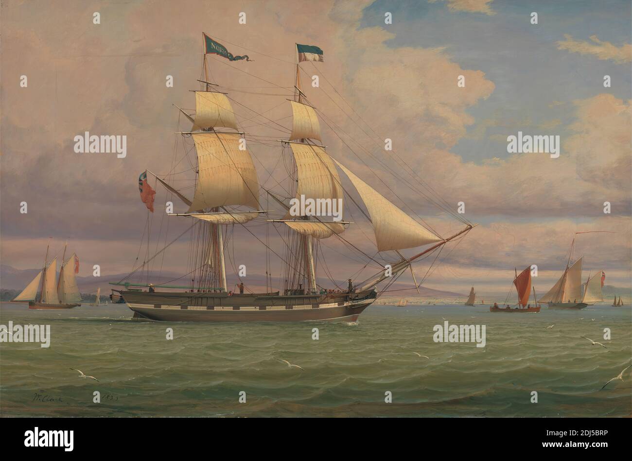 Le Brig anglais 'Norval' Before the Wind, William Clark, 1803–1883, British, 1833, huile sur toile, support (PTG): 19 7/8 x 29 5/8 pouces (50.5 x 75.2 cm), bannières, oiseaux, bateaux, brig, anglais, drapeaux, collines, art marin, hommes, océan, pennants, goélette, mer, navire, boucles de voile, voiliers, voiliers Banque D'Images