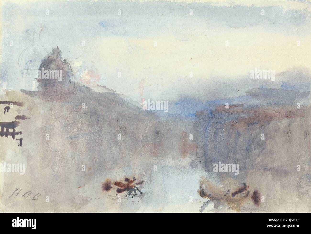 Grand Canal Sunset, Hercules Brabazon Brabazon, 1821–1906, Britannique, d'après Joseph Mallord William Turner, 1775–1851, Britannique, non daté, aquarelle sur graphite modérément épaisse, modérément texturée, papier vélin crème, monté sur panneau épais, légèrement texturé, beige, montage: 9 x 12 pouces (22.8 x 30.5 cm) et feuille: 6 7/16 x 9 3/8 pouces (16.3 x 23.8 cm), bateaux, canal, paysage urbain, dôme, gondoles, gondoles, coucher de soleil, Grand Canal, Italie, Vénétie, Venise, Venise Banque D'Images
