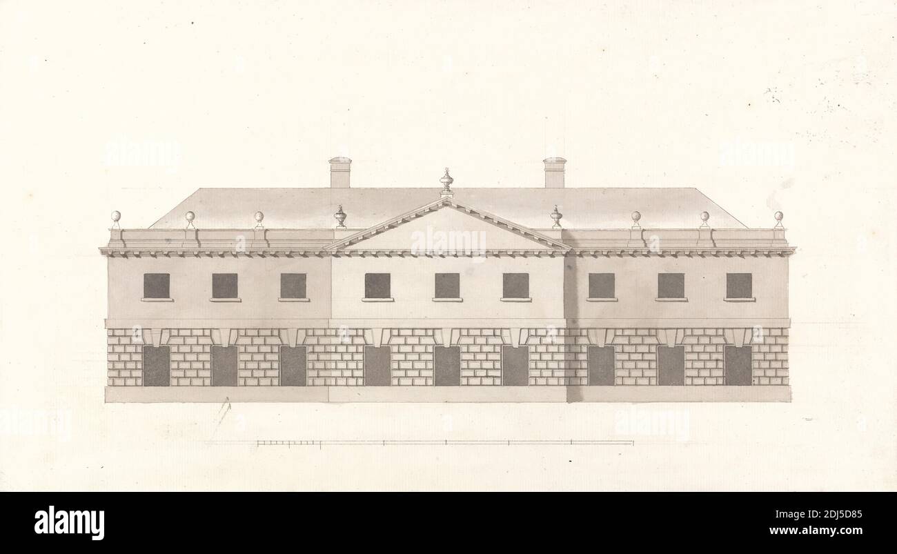 Bureau non identifié ou écuries : élévation avant, James Gibbs, 1682–1754, British, CA. 1720, aquarelle avec stylo et encre et graphite sur une échelle moyenne, légèrement texturée, de barre de papier blanc de 1/10 pouces à 1 pied, feuille: 8 1/8 x 14 1/2 pouces (20.6 x 36.8 cm), sujet architectural, baroque, dessin de conception, fronton, stable Banque D'Images