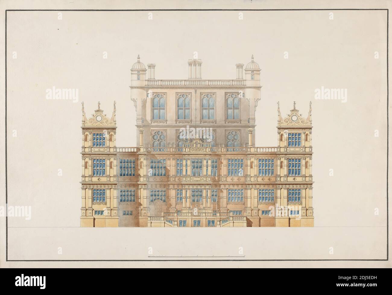 Wollaton Park, Nottingham: South Elevation, Studio de Sir Jeffry Wyatville, 1766–1840, British, ca. 1801, Graphite, stylo et encre noire et brune, aquarelle sur papier à feuilles crème légèrement texturées, moyennement épaisses, feuille: 14 1/8 × 20 5/8 pouces (35.9 × 52.4 cm), sujet architectural Banque D'Images