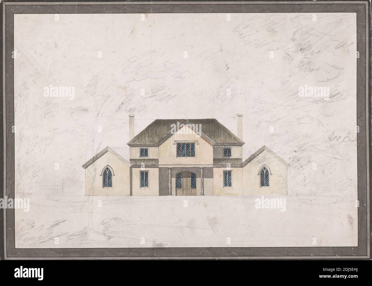 Design pour un chalet: Elevation, Studio de Sir Jeffry Wyatville, 1766–1840, British, non daté, Graphite, stylo et encre noire, aquarelle sur papier de vélin légèrement texturé, moyen, crème, feuille: 10 × 14 3/16 pouces (25.4 × 36 cm), sujet architectural Banque D'Images