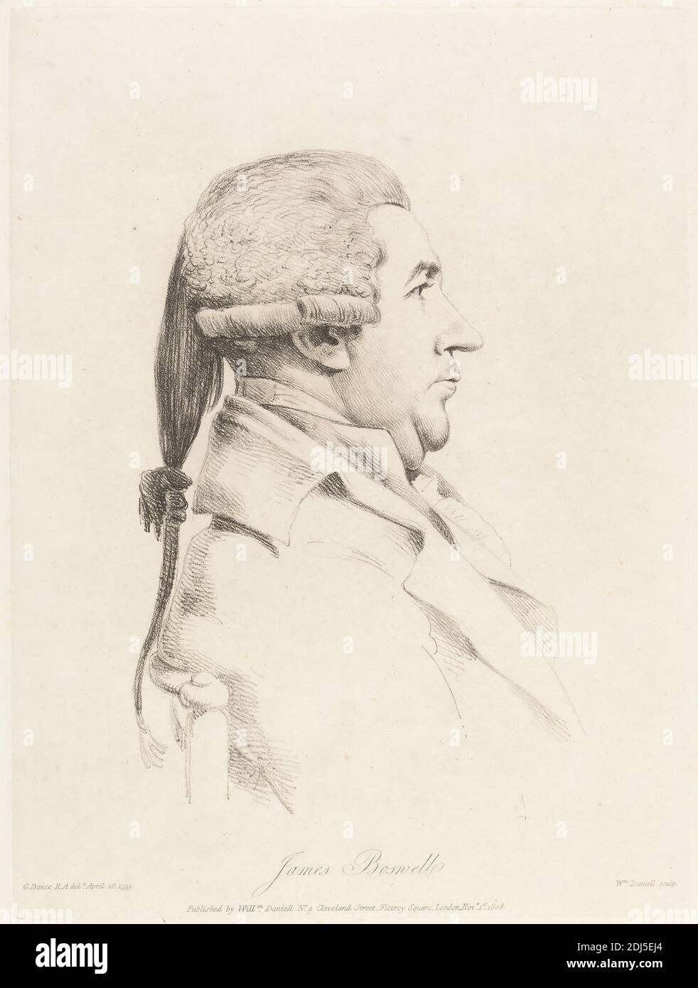 James Boswell, William Daniell, 1769–1837, British, After George Dance RA, 1741–1825, British, publié par William Daniell, 1769–1837, British, 1808, gravure en surface douce sur du papier de vélin crème modérément épais, légèrement texturé, feuille: 18 1/2 x 12 1/8 pouces (47 x 30.8 cm), plaque: 10 5/8 x 7 15/16 pouces (27 x 20.1 cm), et image : 10 5/8 x 7 15/16 pouces (27 x 20.1 cm), chaise, collier, diariste, avocat, portrait, pose, profil, volants, perruque Banque D'Images