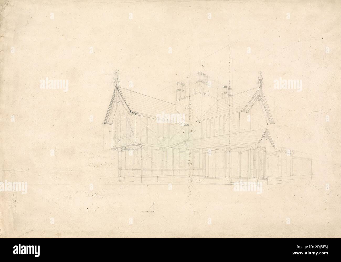 Cottages à Chatsworth, Derbyshire: Perspective, Studio de Sir Jeffry Wyatville, 1766–1840, British, après 1818, Graphite sur papier blanc légèrement texturé, moyen, feuille: 14 5/8 × 12 1/4 pouces (37.1 × 31.1 cm), sujet architectural Banque D'Images