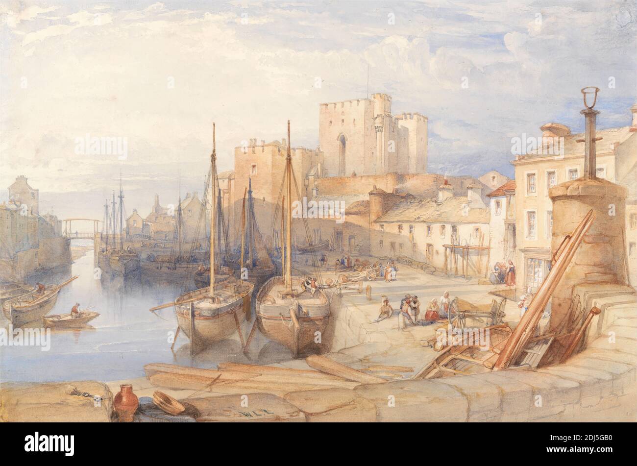 Castletown Harbour, Isle of Man, William Leighton Leitch, 1804–1883, britannique, non daté, aquarelle, gouache, et graphite, avec rayures sur papier à feuilles moyennes, légèrement texturées, crème, feuille: 7 15/16 x 11 15/16po. (20.2 x 30,3 cm) et feuille: 8 × 12 pouces (20.3 × 30.5 cm), pont (travaux de construction), château, paysage urbain, port, art marin, navires, ville, wagon, Castletown, Europe, Ile de Man, Royaume-Uni Banque D'Images