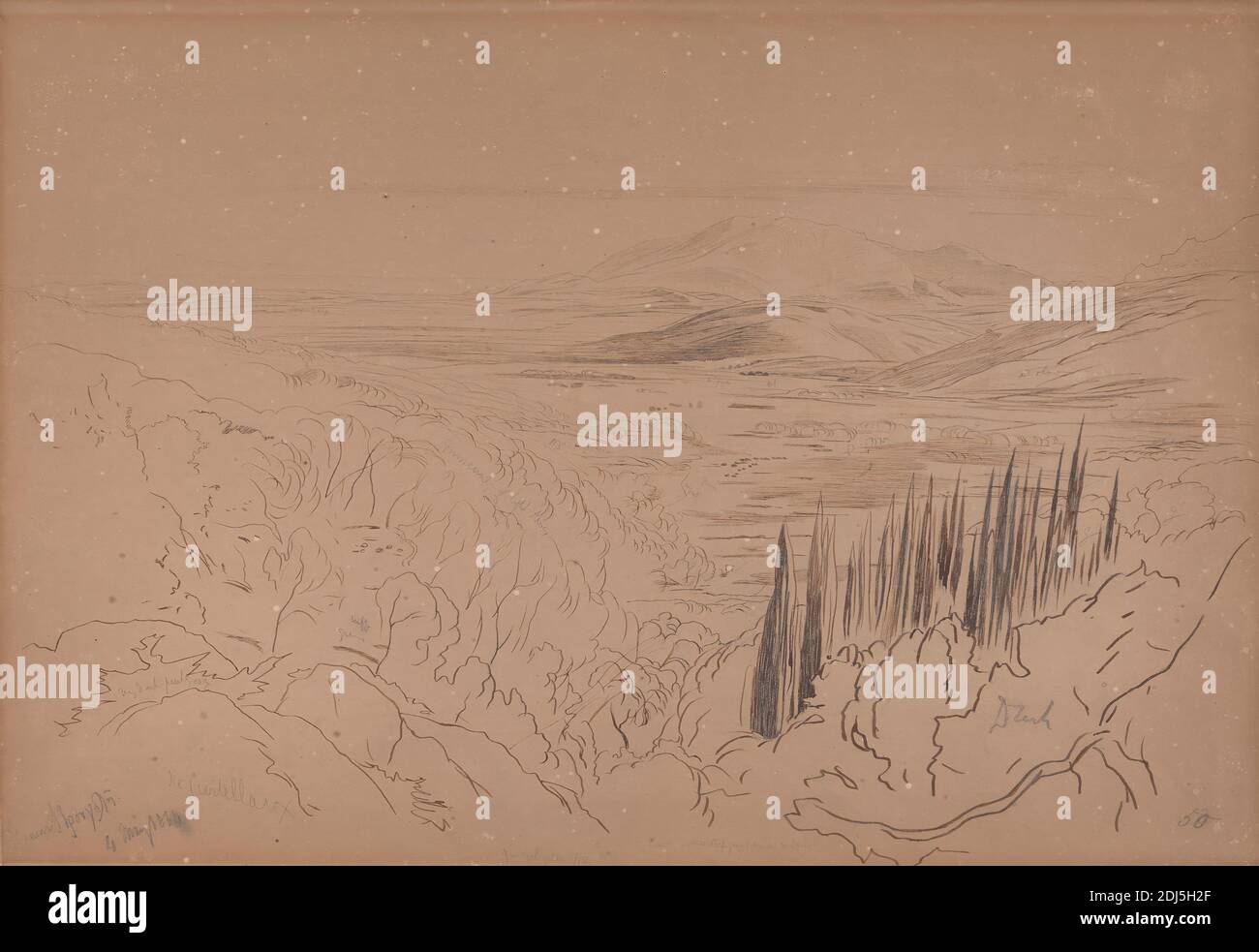 Strongyli, Edward Lear, 1812–1888, British, 4 mai 1864, encre brune et noire et graphite sur papier vélin brun moyen à texture modérée, cadre : 22 x 29 x 1 po (55.9 x 73.7 x 2.5 cm) et feuille : 15 × 21 1/2 pouces (38.1 × 54.6 cm), île, paysages, montagnes, Italie, Kérkira, Nísos, Strongoli Banque D'Images