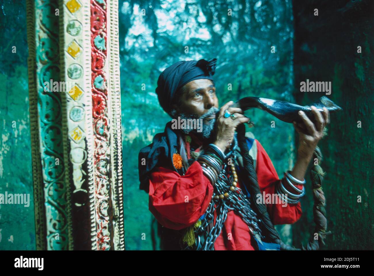 Les musulmans pakistanais dévotés font un coup de klaxon au sanctuaire de saint Soufi, Sindh, Pakistan. Banque D'Images