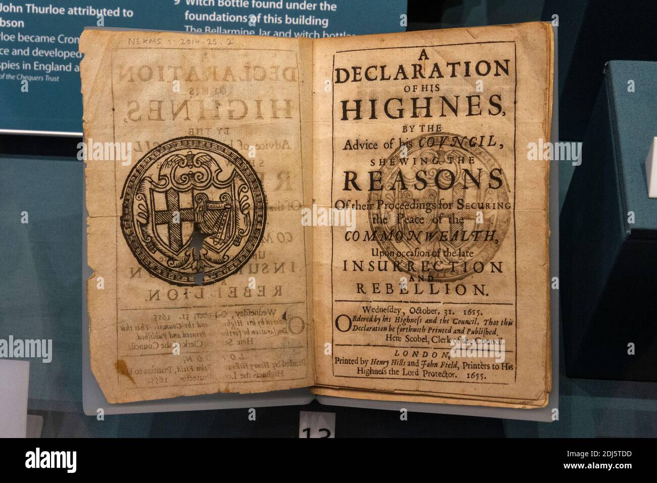 « a Declaration of his Altesse » d'Oliver Cromwell (31 octobre 1655), exposé au National civil War Center, Newark Museum, Newark, Notts, Royaume-Uni. Banque D'Images