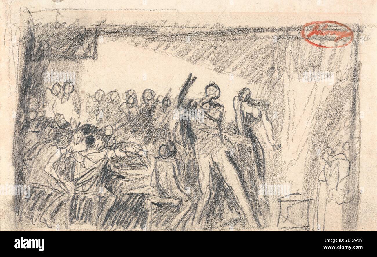 Macbeth: Banquet Scene, George Romney, 1734–1802, Britannique, non daté, Graphite sur le milieu, légèrement texturé, papier de wove crème, feuille: 4 5/8 x 7 5/8 pouces (11.7 x 19.4 cm), banquet, théâtre, fête, nourriture, thème littéraire, Macbeth, pièce de William Shakespeare, pièces de William Shakespeare, scène Banque D'Images