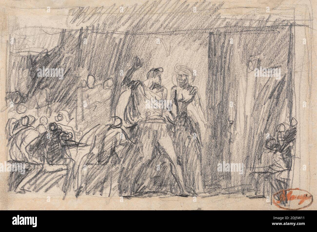 The banquet Scene, George Romney, 1734–1802, British, ca. 1792, Graphite sur modérément épais, légèrement texturé, papier de wove crème, feuille: 5 1/2 x 8 3/16 pouces (14 x 20.8 cm), banc, manteau, robe, étude de figure, fantômes, thème littéraire, Macbeth, ACT III, scène IV, hommes, pièces de William Shakespeare, la tragédie de Macbeth, théâtre, femmes Banque D'Images