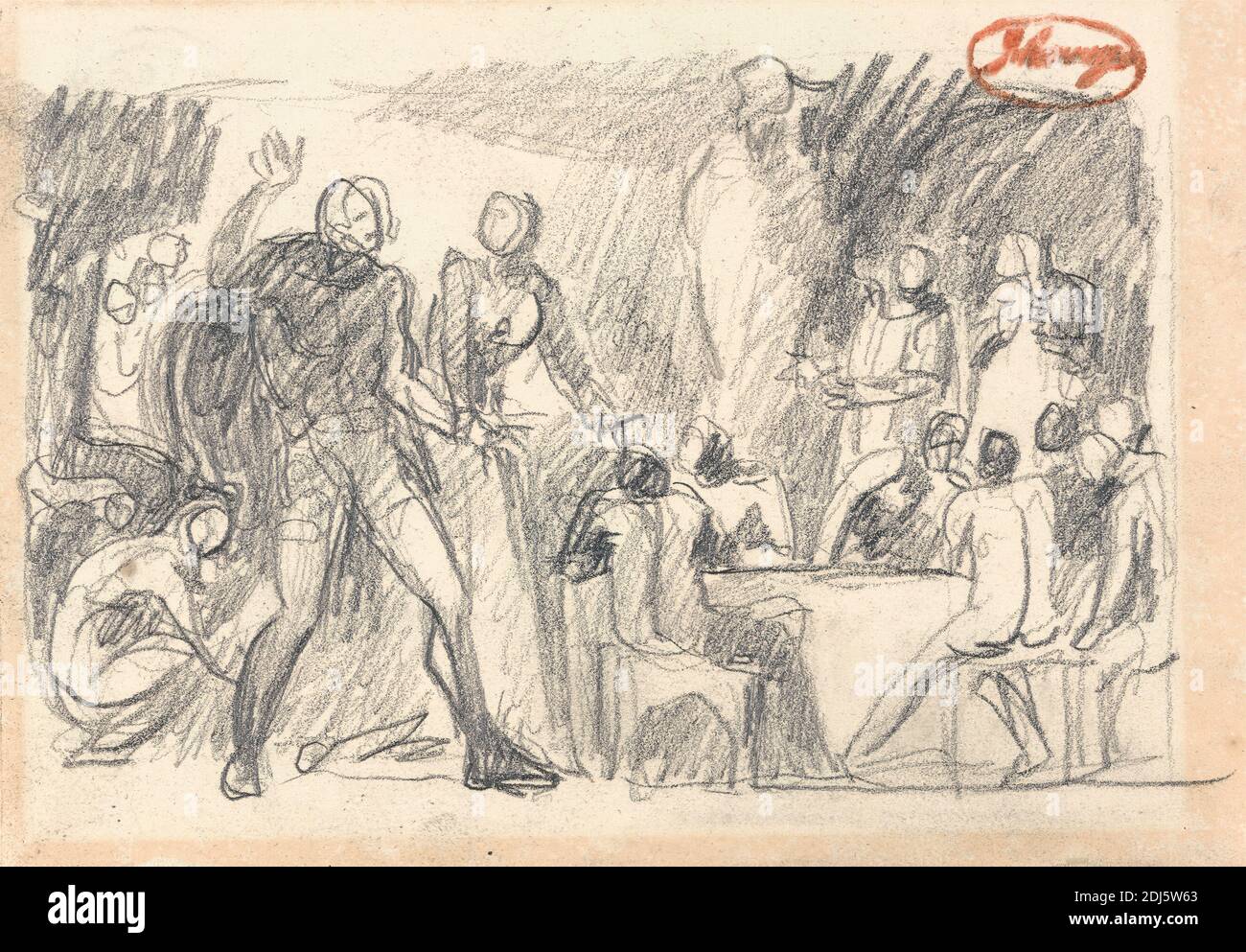 Macbeth: Banquet Scene, George Romney, 1734–1802, britannique, non daté, Graphite sur le moyen, légèrement texturé, papier de wove crème, feuille: 5 1/8 x 7 3/8 pouces (13 x 18.7 cm), banquet, fête, nourriture, thème littéraire, Macbeth, pièce de William Shakespeare, pièces de William Shakespeare Banque D'Images