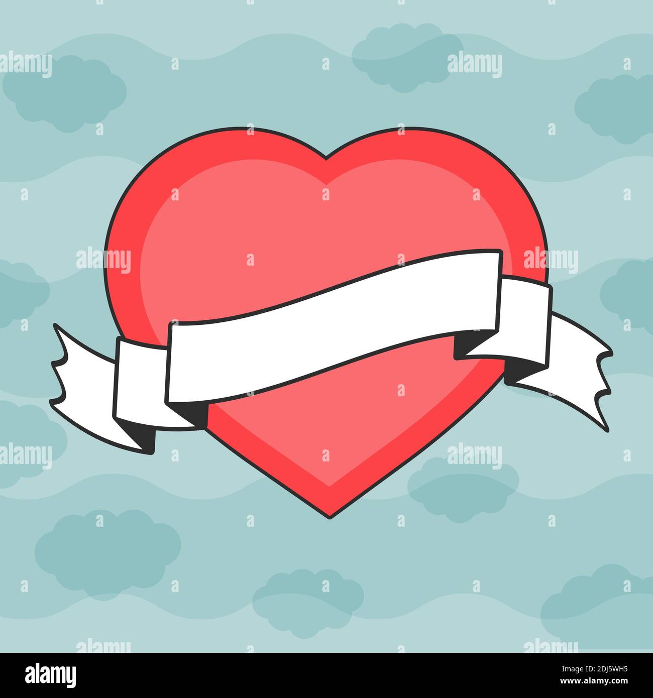 Silhouette isolée colorée d'un cœur sur fond de ciel avec nuages. Carte postale vintage avec bannière ruban blanche et trait noir. Plat simple Illustration de Vecteur