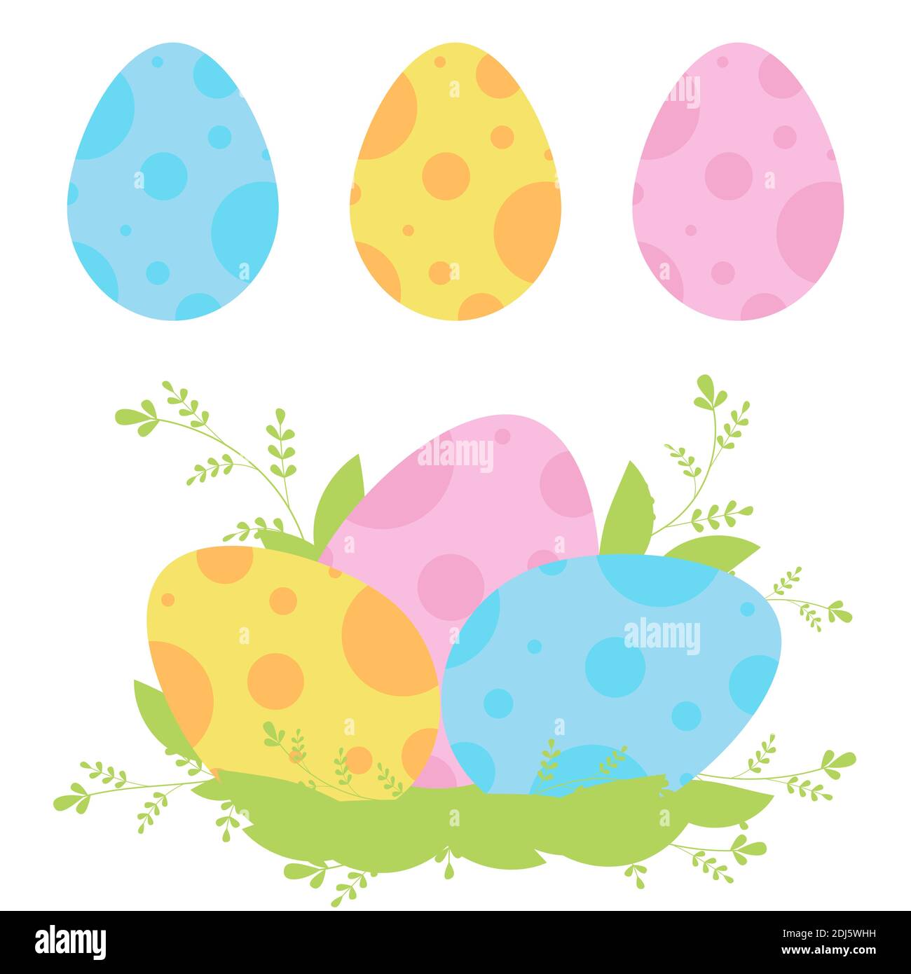 Ensemble d'œufs de Pâques colorés isolés sur fond blanc. Avec motif abstrait. Illustration simple à vecteur plat. Couchez-vous sur les feuilles et les lames de l'herbe Illustration de Vecteur
