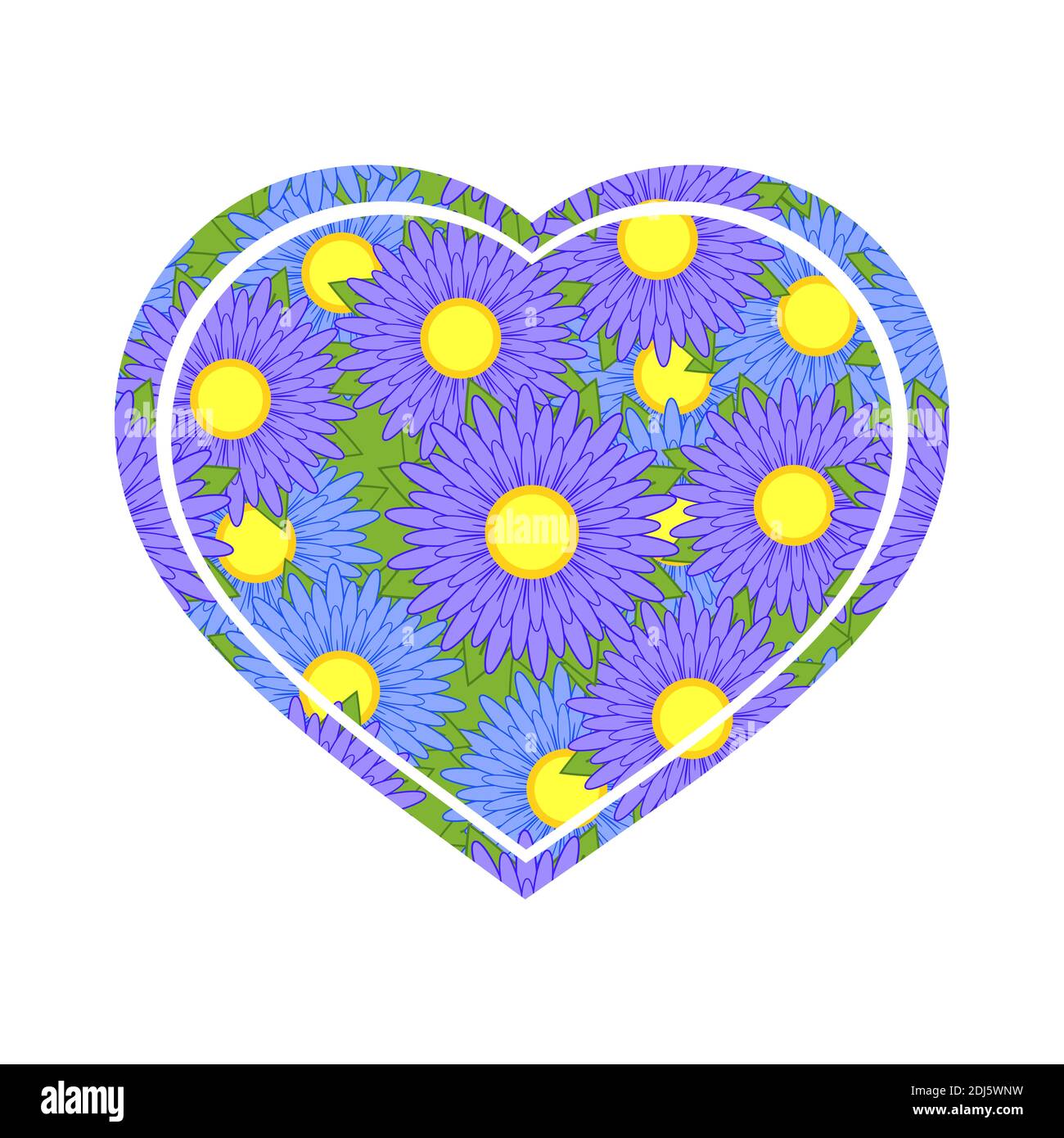 Silhouette isolée colorée de coeur sur fond blanc. Avec un motif romantique de fleurs bleues et violettes. Illustration simple à vecteur plat. Illustration de Vecteur