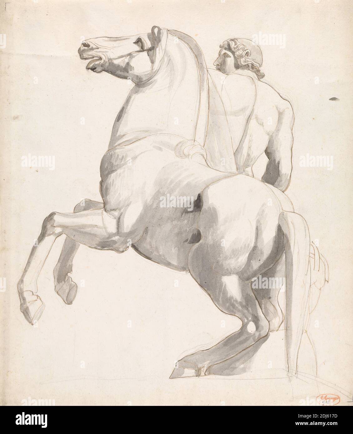 Horseman de Montecavallo, George Romney, 1734–1802, Britannique, entre 1773 et 1774, encre brune et gris laver sur graphite sur papier crème modérément épais, feuille: 17 3/8 x 15 1/4 pouces (44.1 x 38.7 cm) et cadre: 1in. (2.5cm), genre sujet, cheval (animal), homme, statuaire Banque D'Images