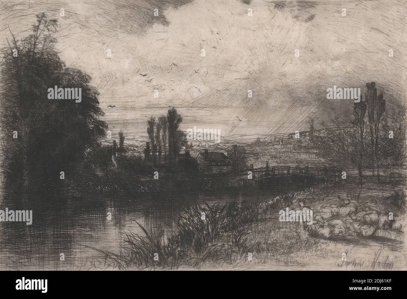 Sur le test, imprimé par Francis Seymour Haden, 1818–1910, British, 1859, Etching, feuille: 7 × 10 1/2 pouces (17.8 × 26.7 cm) et image: 5 7/8 × 8 7/8 pouces (14.9 × 22.5 cm), maison, paysage, rivière, Angleterre, Hampshire, Test, Royaume-Uni Banque D'Images