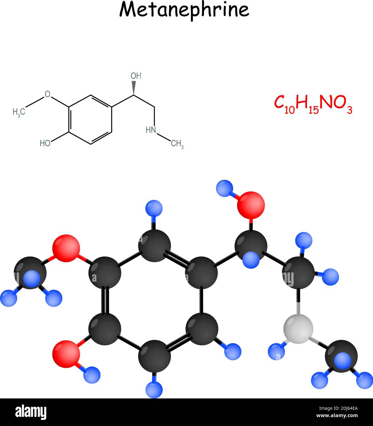 La métanephrine est un métabolite de l'épinéphrine (adrénaline). Formule structurale chimique et modèle de molécule Illustration de Vecteur