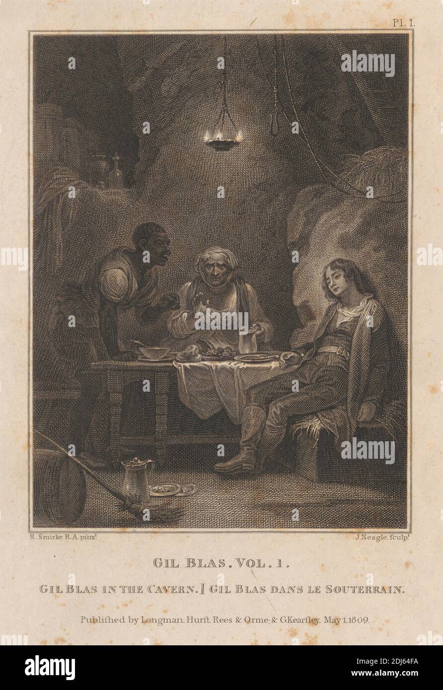 Gil Blas. Vol I: Gil Blas dans la caverne, imprimé par James Neagle, 1760–1822, British, d'après Robert Smirke, 1752–1845, British, 1809, gravure en ligne sur papier de vélin moyen, légèrement texturé, crème Banque D'Images