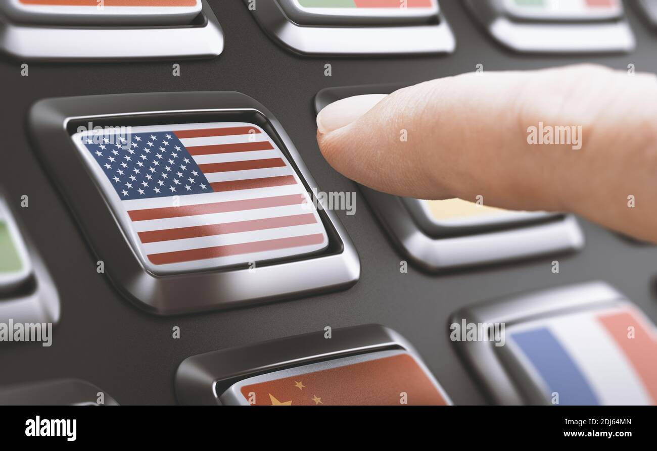 Doigt sur le point d'appuyer sur un bouton avec le drapeau des États-Unis. Concept de choix américain. Image composite entre une photographie manuelle et un arrière-plan 3D. Banque D'Images